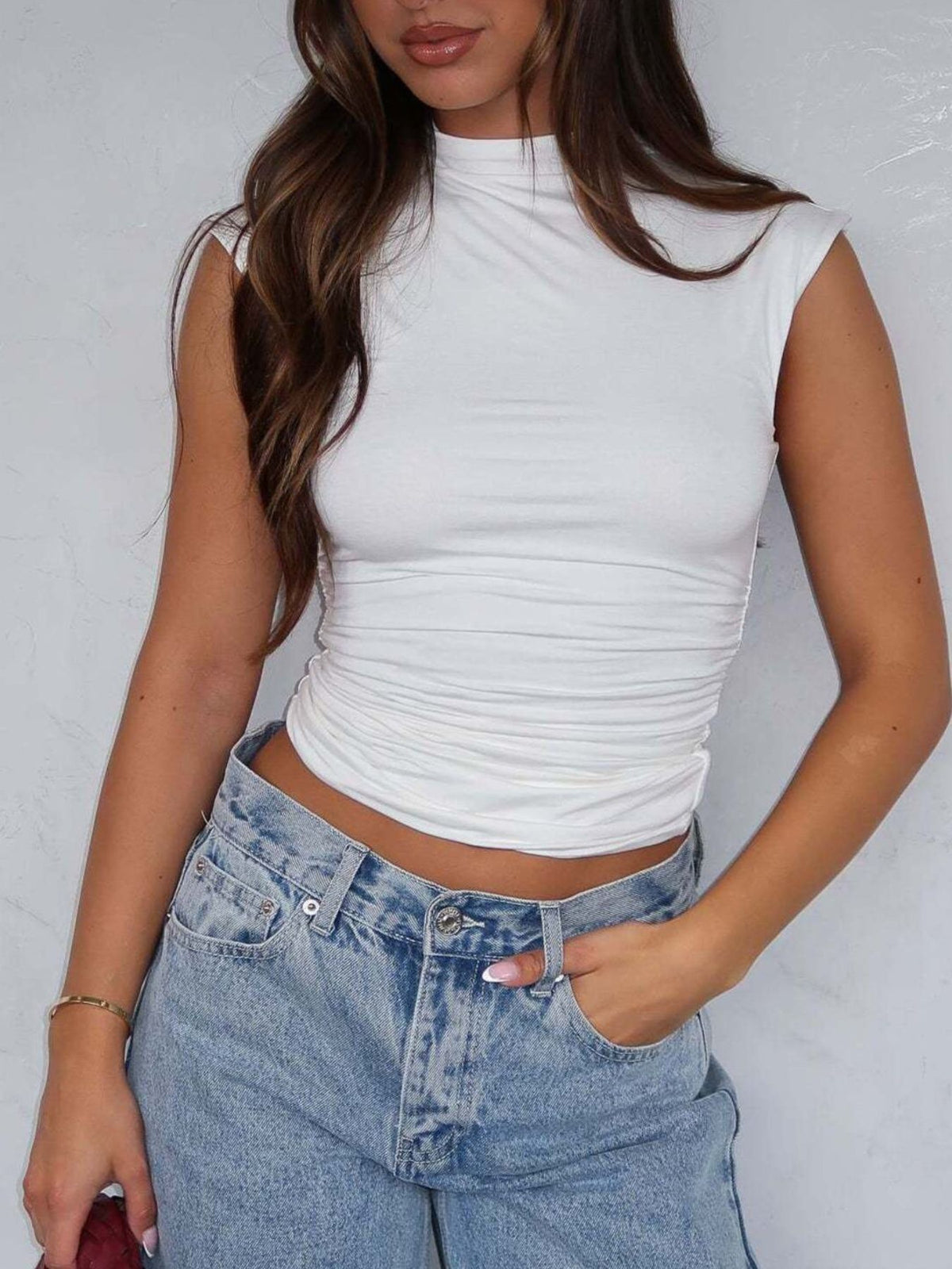 Ruched Mock Neck Sleeveless Tank Top - Lilixa.store