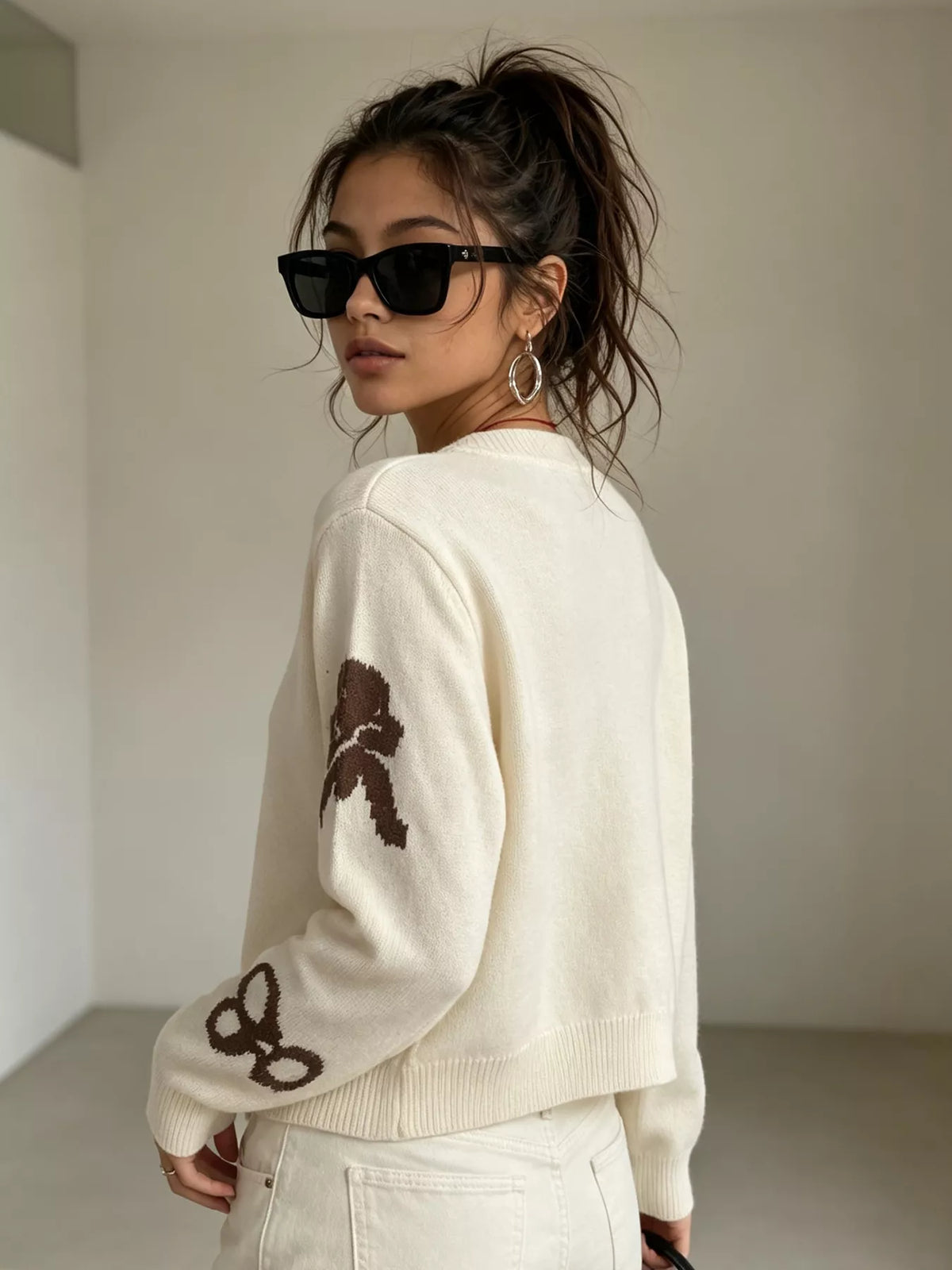Floral Crew Neck Cropped Knit Cardigan, view 26
