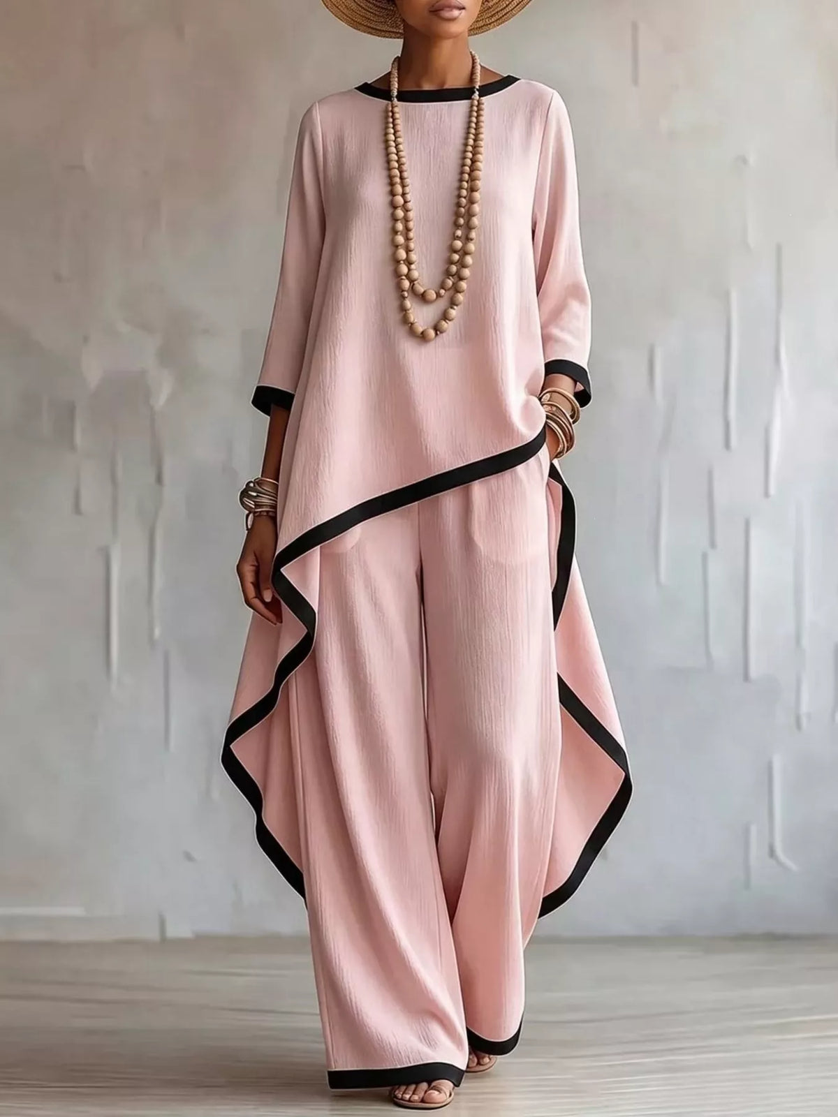 Full Size Contrast Trim High-Low Top and Pants Set Plus Size in Pink