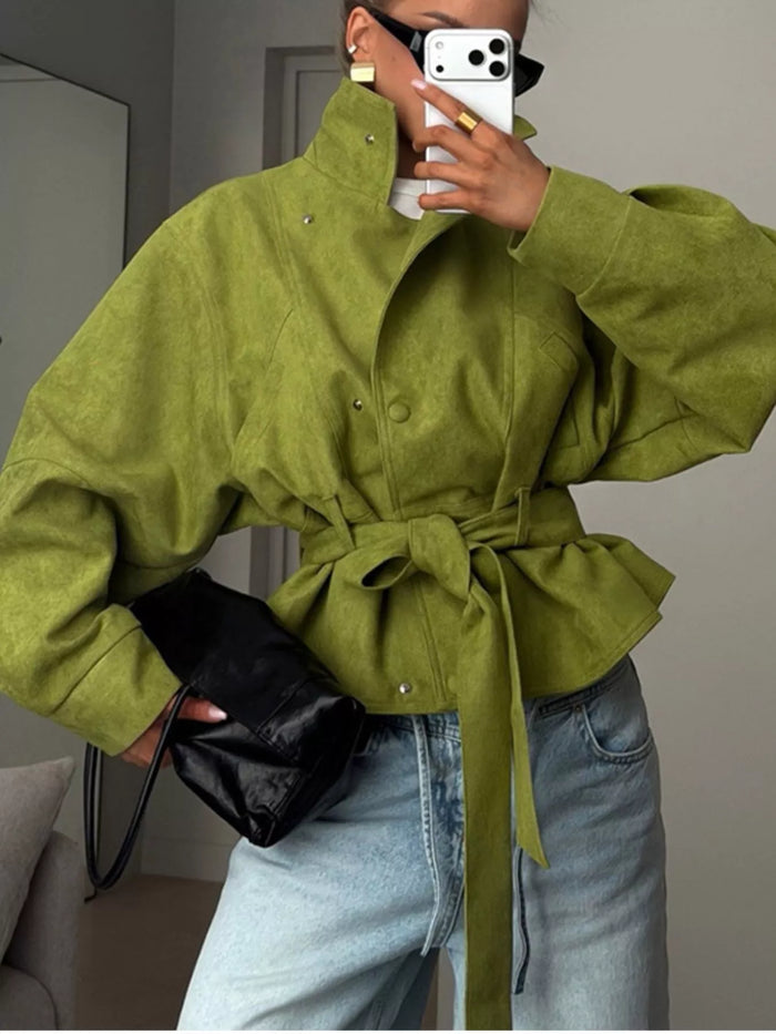 Tie Waist Long Sleeve Cropped Jacket in Matcha Green