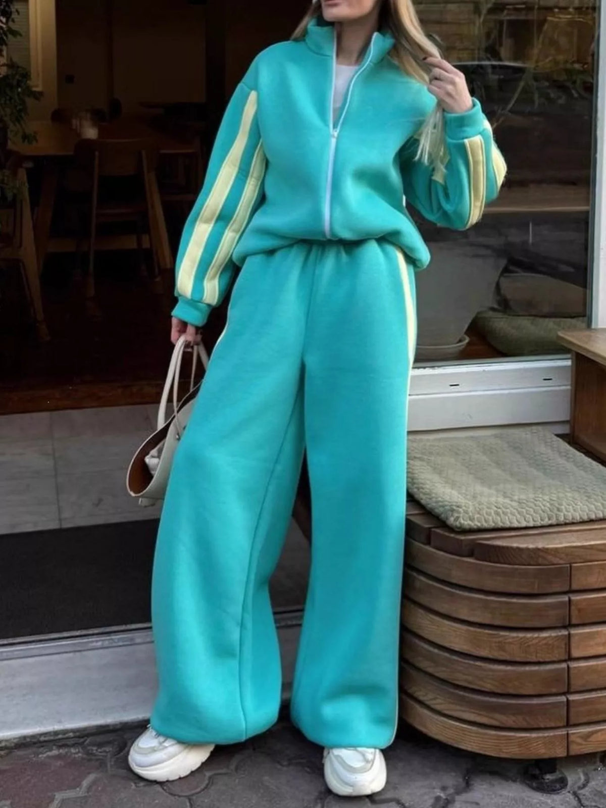 Contrast Striped Zip Up Top and Pants Set - Lilixa.store