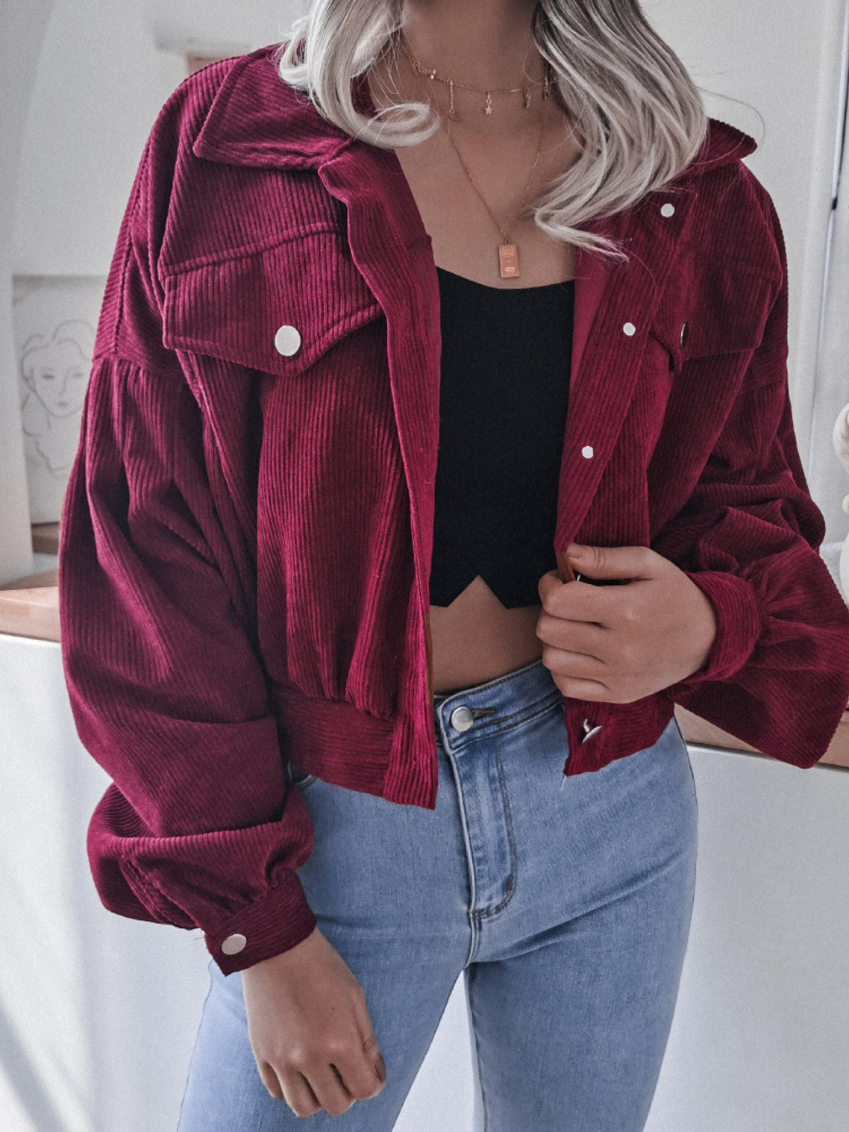 Lantern Sleeve Cropped Corduroy Jacket, view 8