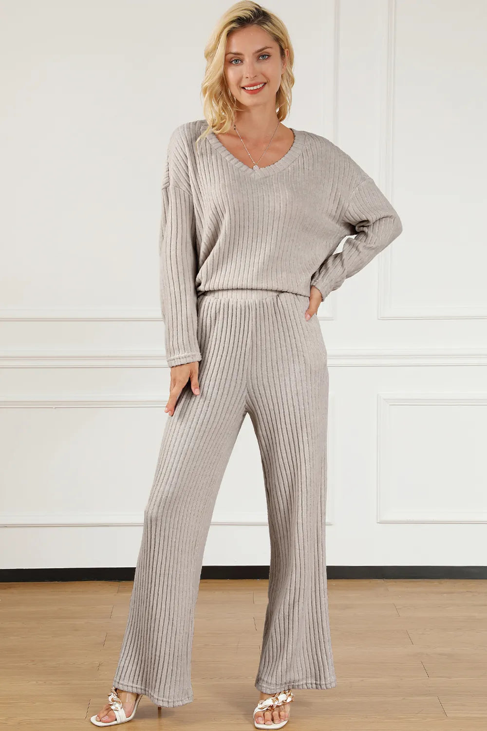 Ribbed V-Neck Top and Pants Lounge Set - Lilixa.store