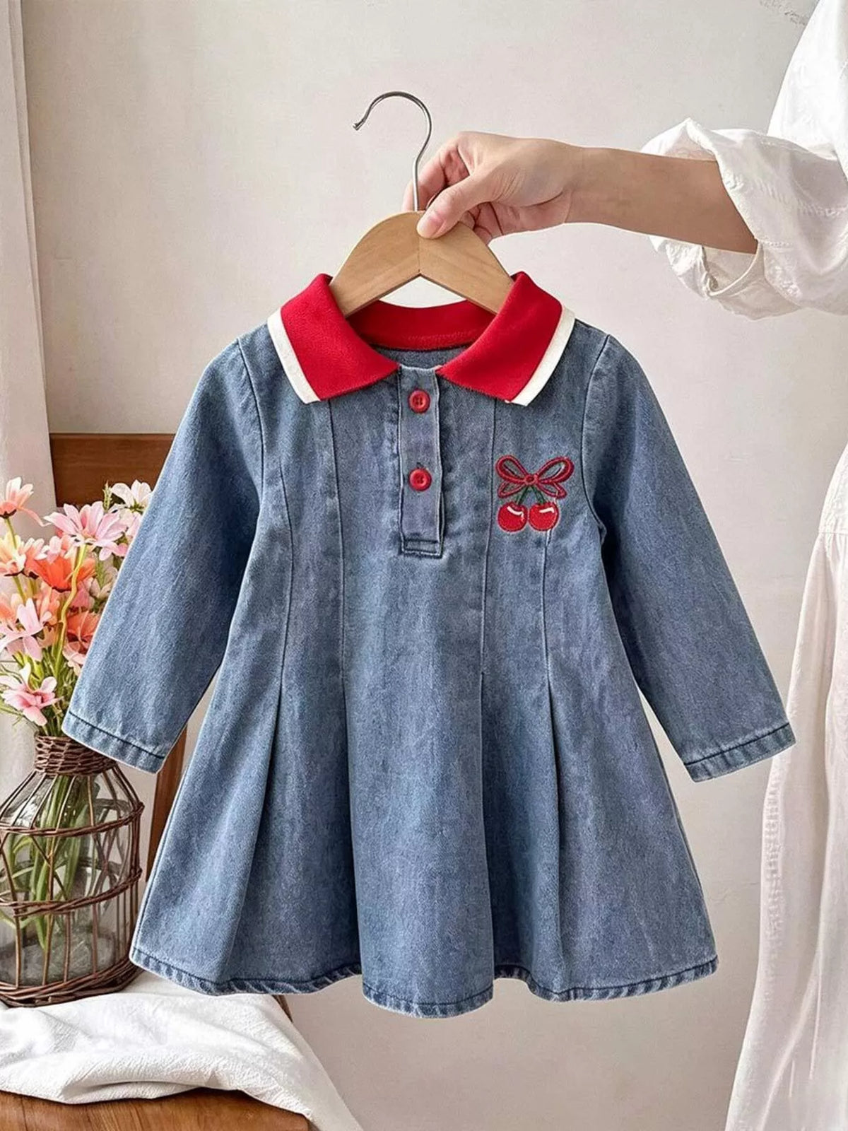 Children's Cherry Embroidered Polo Dress in Sea Blue, view 2