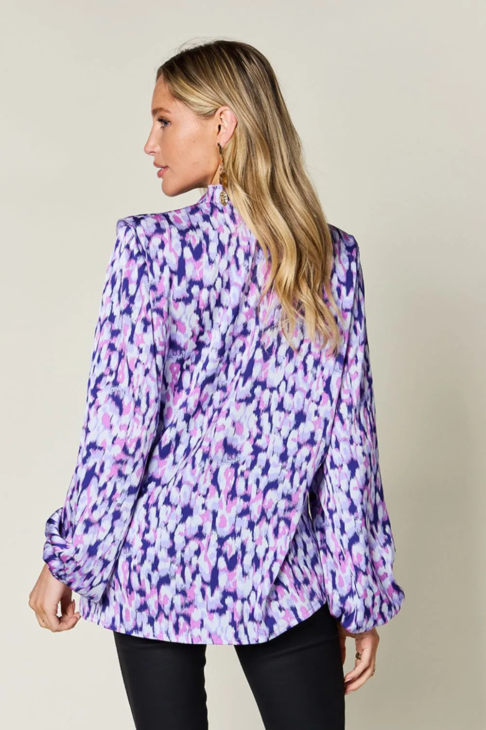 Double Take Full Size Printed Ruffle Trim Balloon Sleeve Shirt Plus Size - Lilixa.store