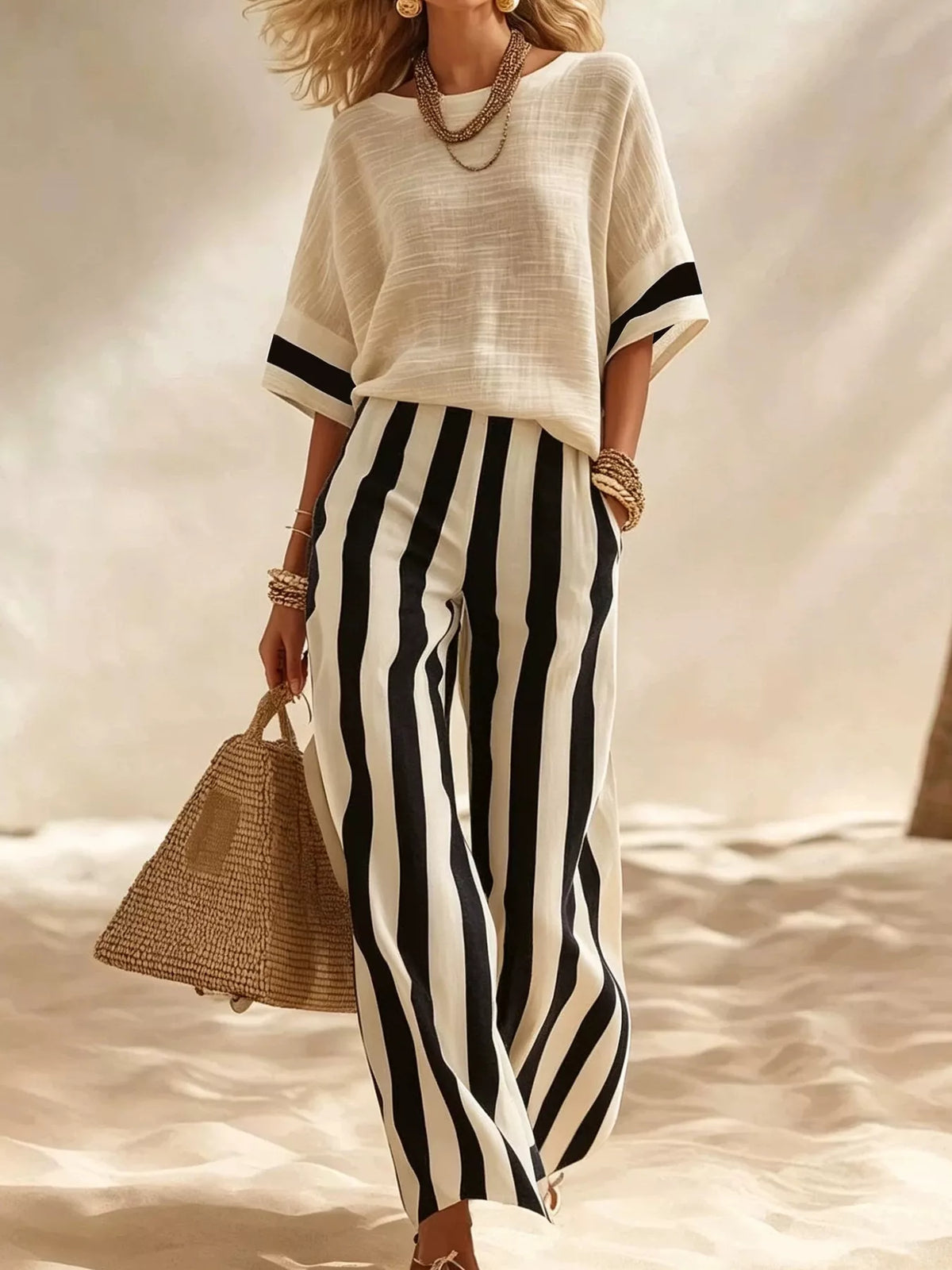 Full Size Striped Half Sleeve Top and Pants Set Plus Size - Lilixa.store
