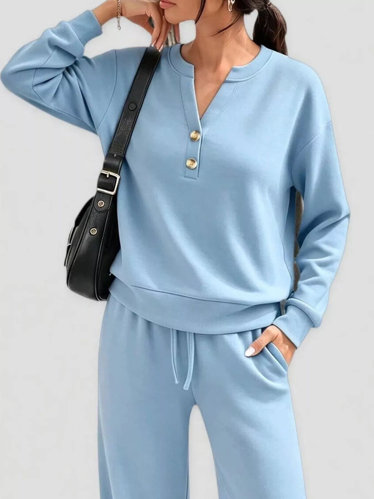 Button Detail Dropped Shoulder Top and Pants Set - Lilixa.store