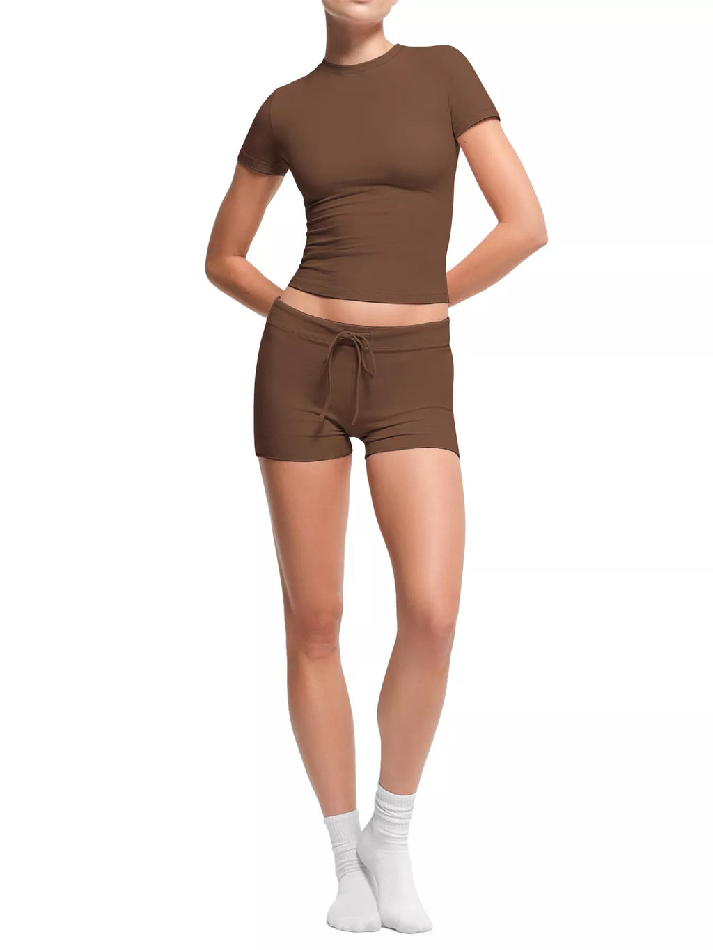 Mock Neck Crop Top and Drawstring Shorts Set - Lilixa.store