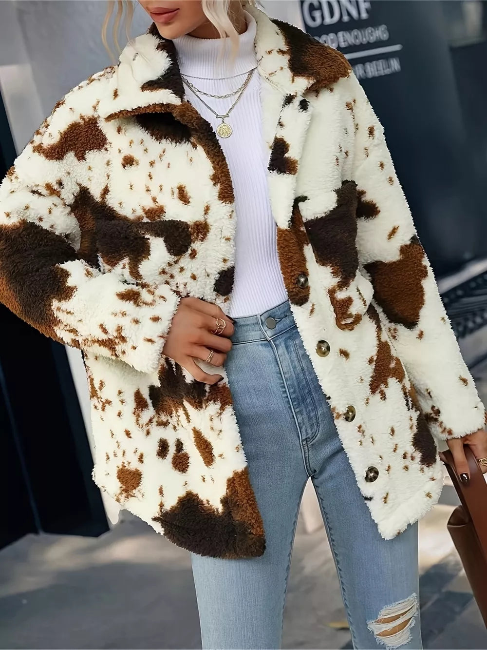 Cow Print Collared Neck Button Up Fuzzy Jacket in Ivory