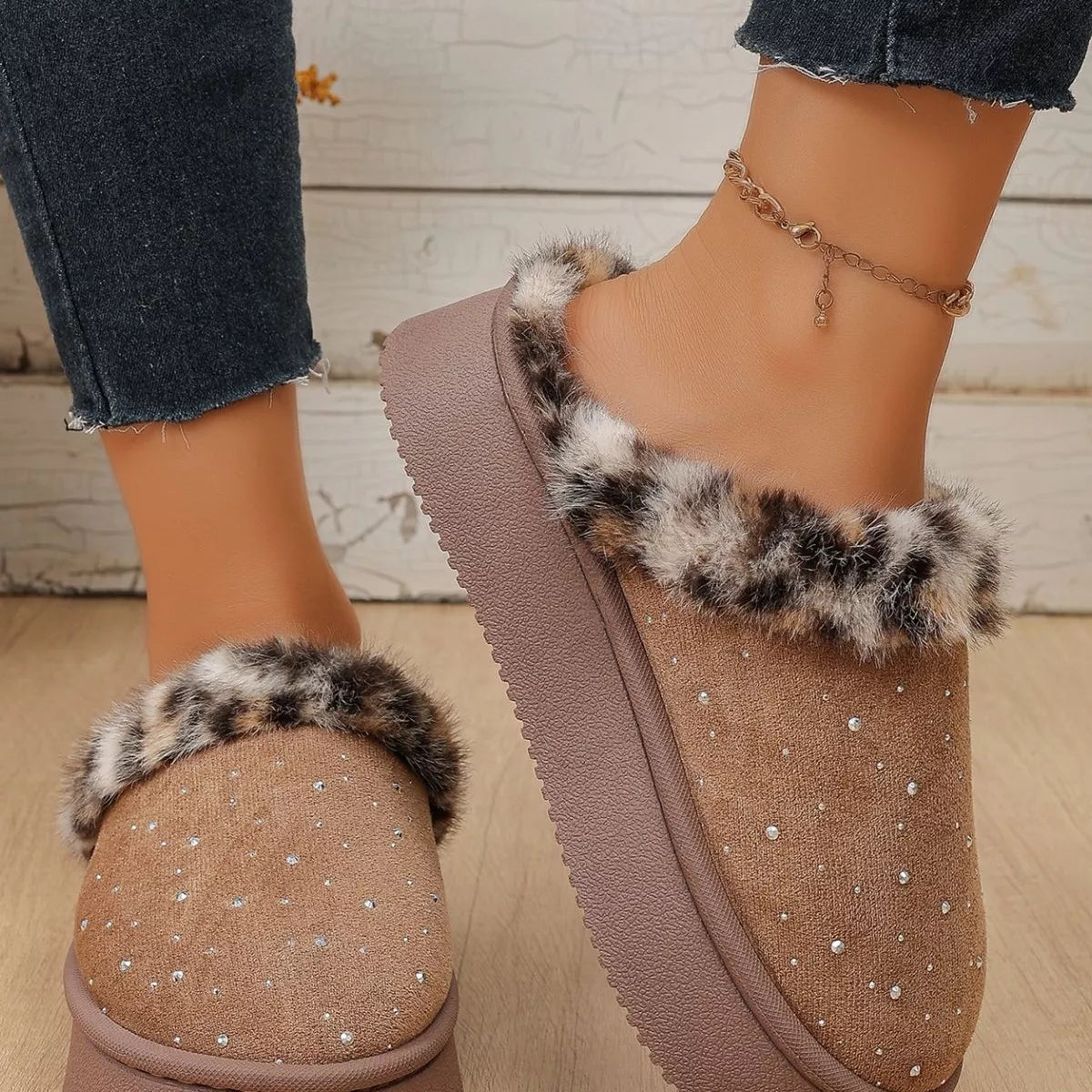 Rhinestone Faux Fur Platform Slippers - Lilixa.store