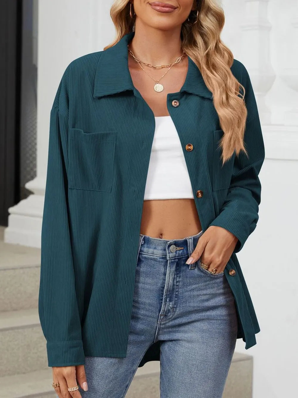 Button Up Dropped Shoulder Long Sleeve Outerwear - Lilixa.store