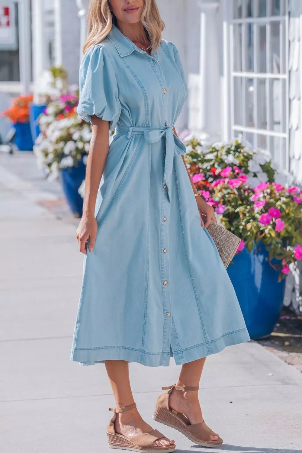 Full Buttons Collared Short Bubble Sleeve Long Denim Dress in Light Blue, view 4