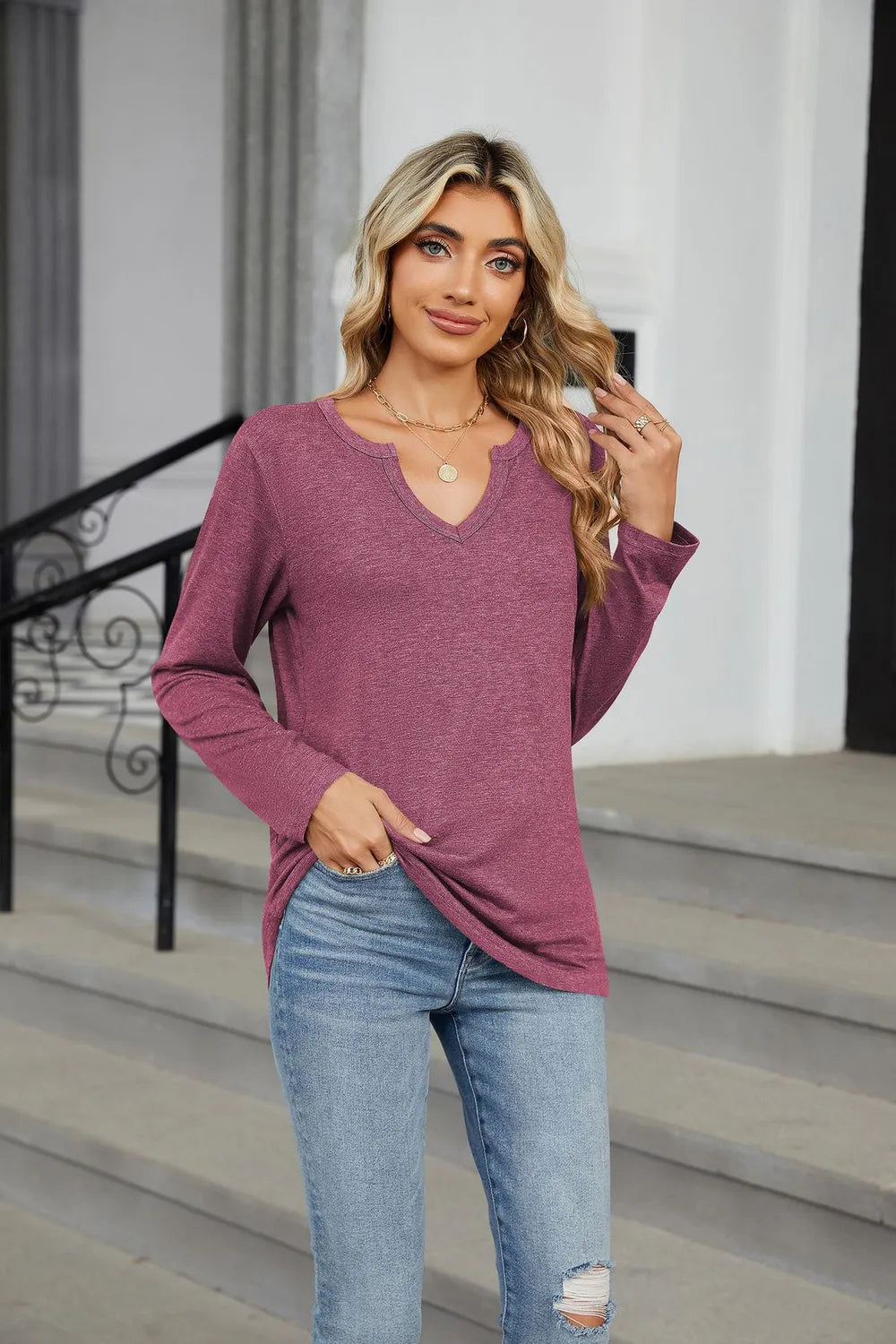 Notched Long Sleeve T-Shirt - Lilixa.store