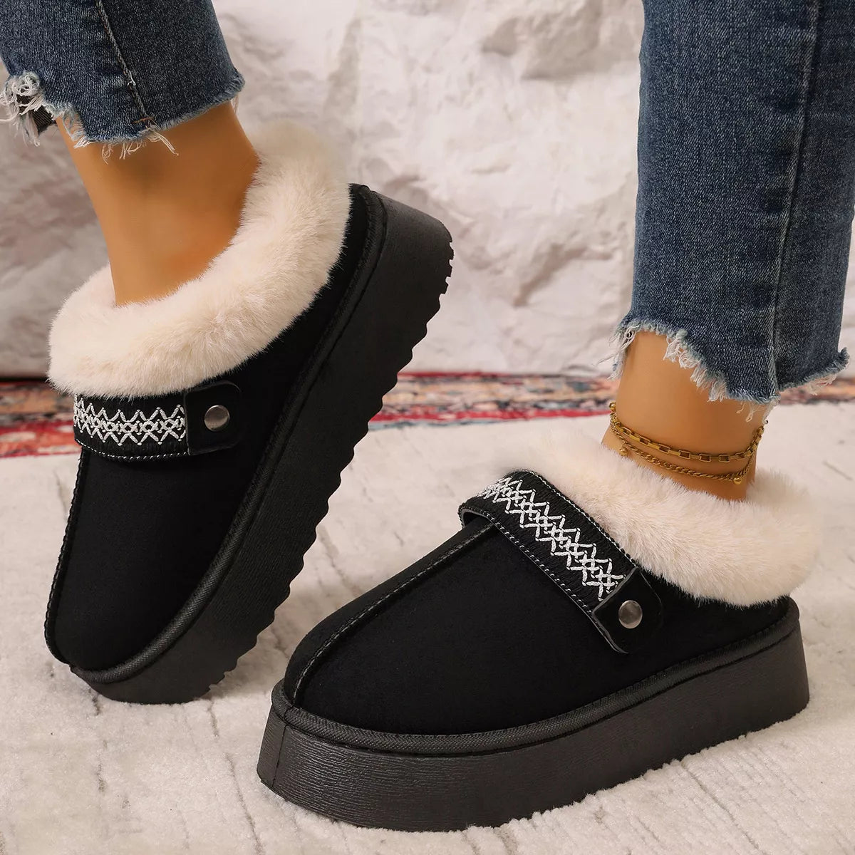 Platform Faux Fur Lined Suede Slip-On Boots in Black