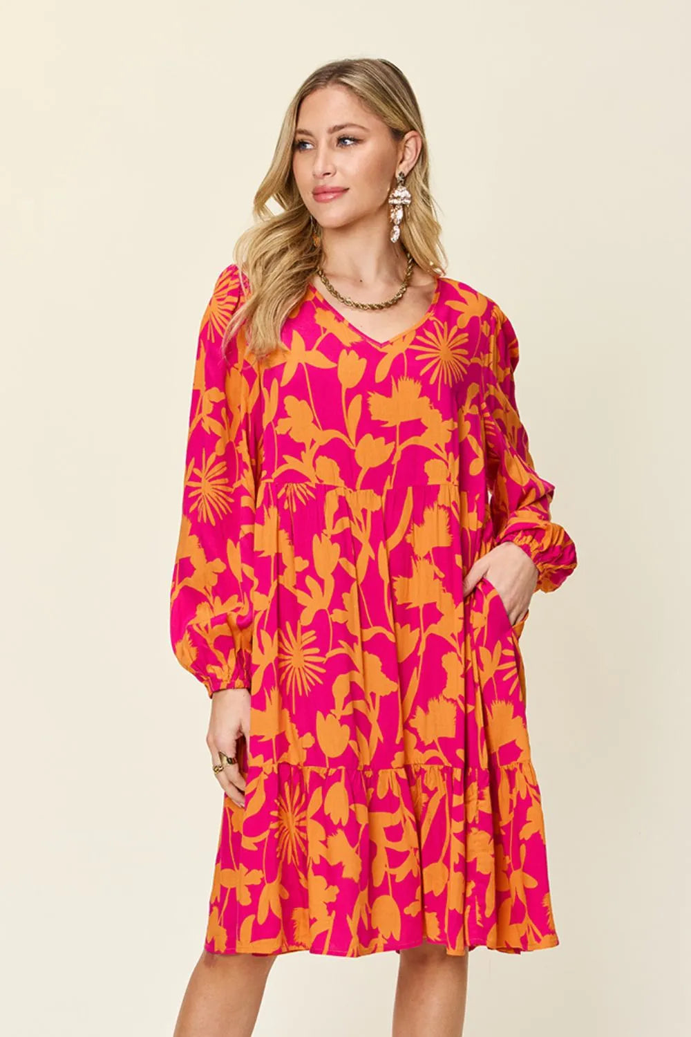 Double Take Full Size Printed Ruffle Hem Dress with Pocket - Lilixa.store