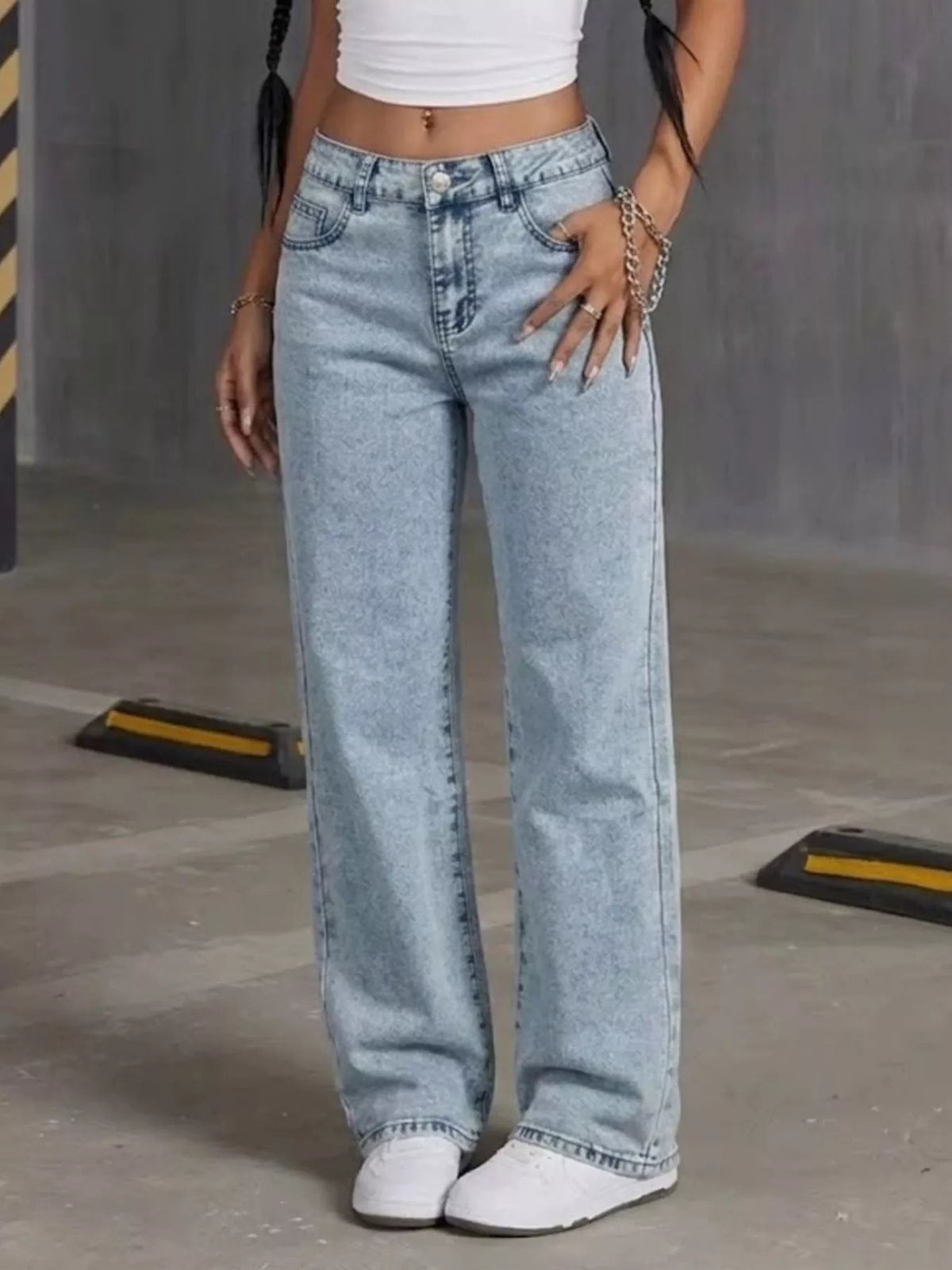 High-Waisted Acid Wash Straight Leg Jeans in Light Blue, view 2