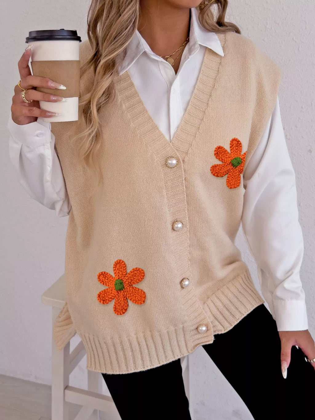 Flower V-Neck Sleeveless Cardigan - Lilixa.store