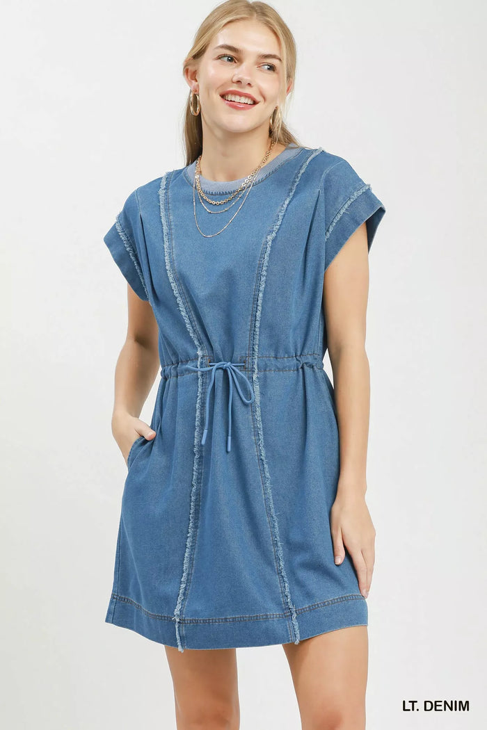 Umgee Drawstring Waist Frayed Denim Mini Dress - Lilixa.store