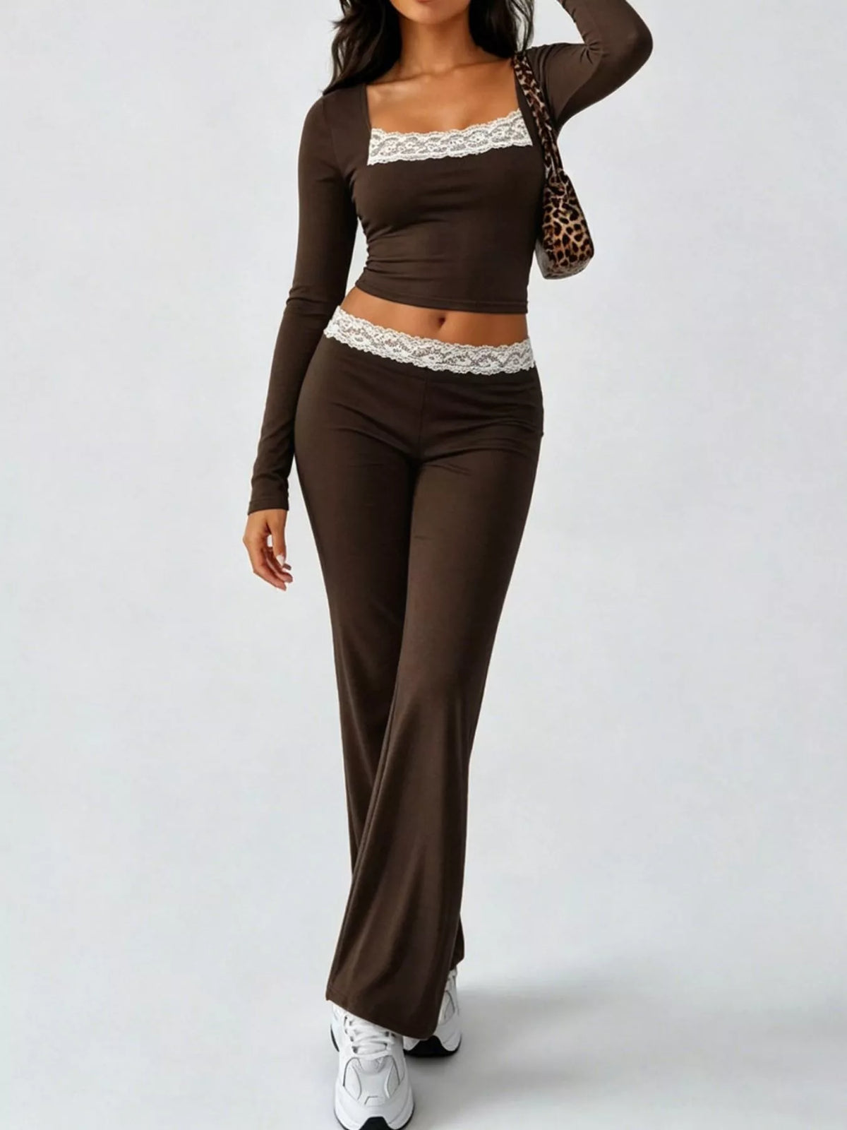 Long Sleeve Lace Trim Crop Top and Wide Leg Pants Set - Lilixa.store