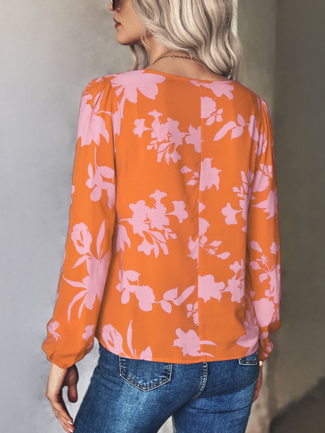 Printed Tie Neck Long Sleeve Blouse, view 4