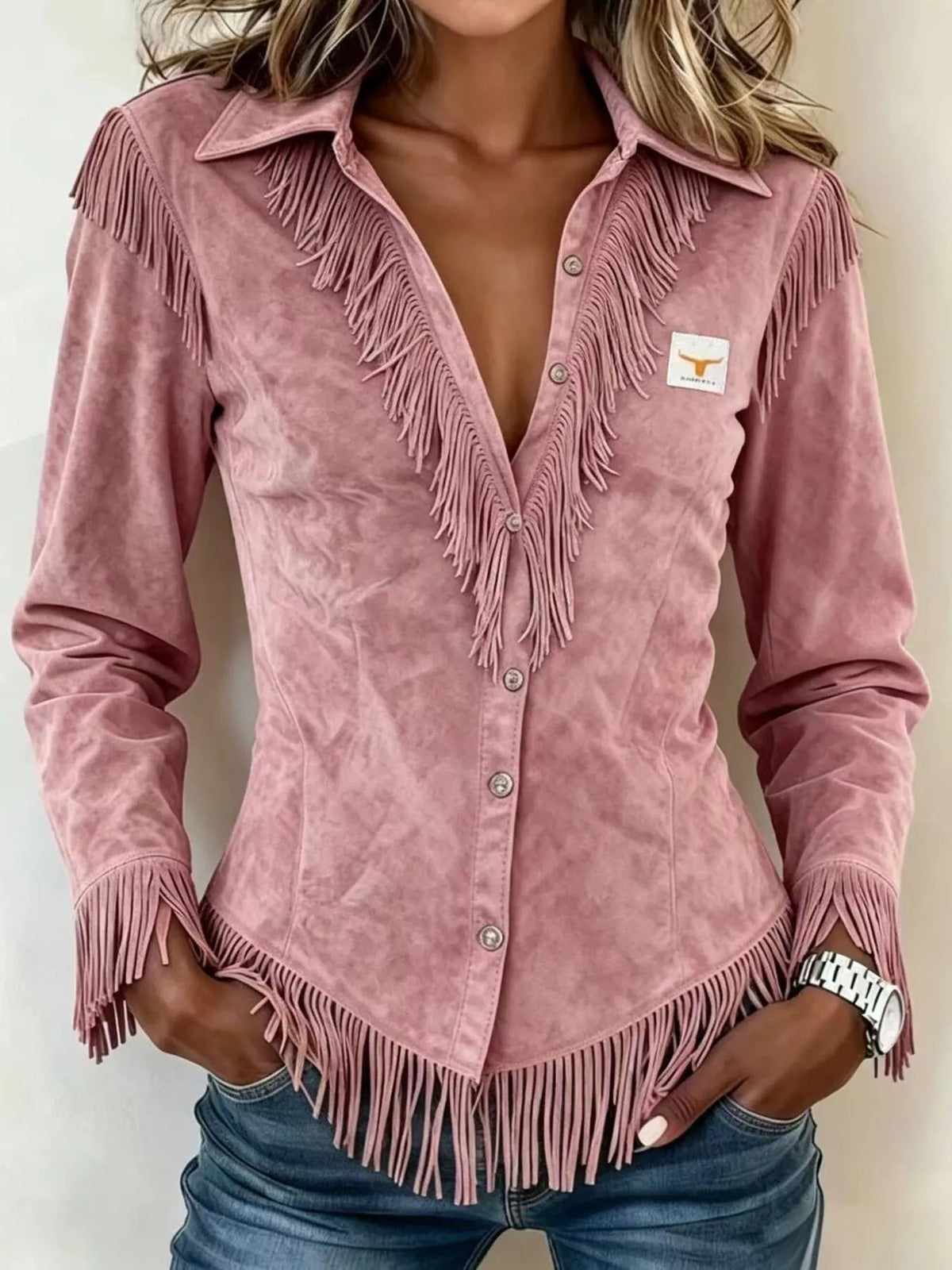 Full Size Fringed Collared Neck Shirt Plus Size - Lilixa.store