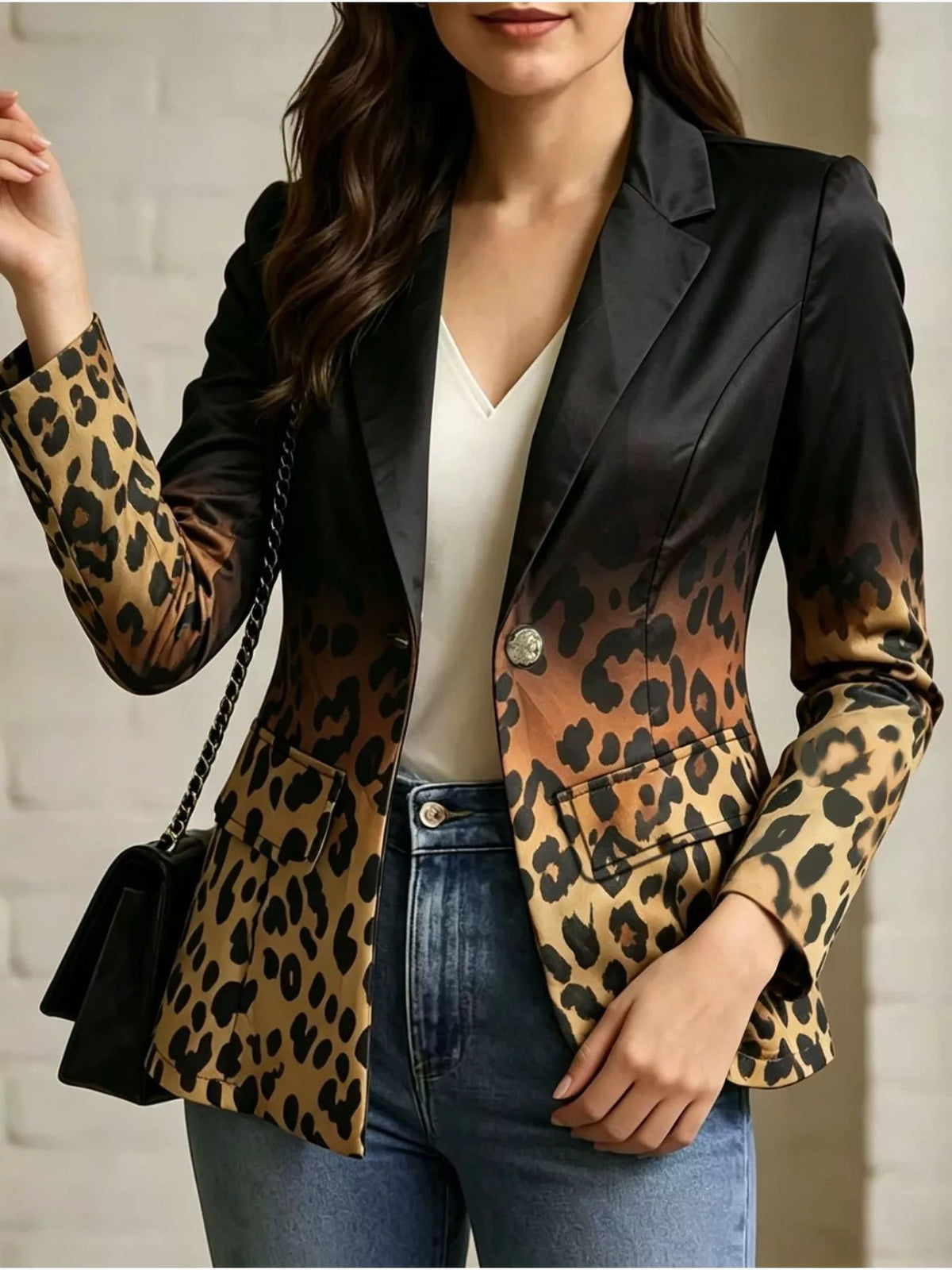 Leopard Print Contrast Long Sleeve Blazer - Lilixa.store