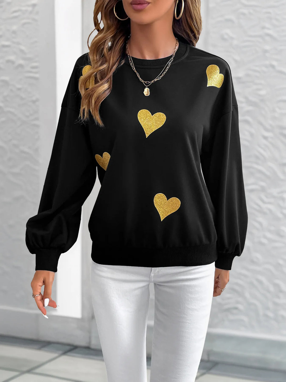 Heart Print Long Sleeve Sweatshirt - Lilixa.store