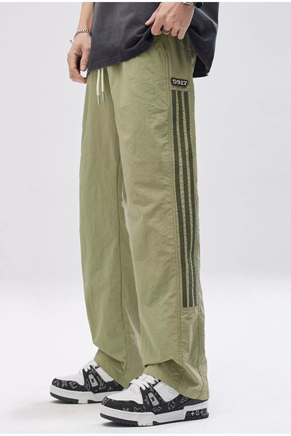 Men's Full Size Striped Casual Wide Leg Pants Plus Size in Light Green