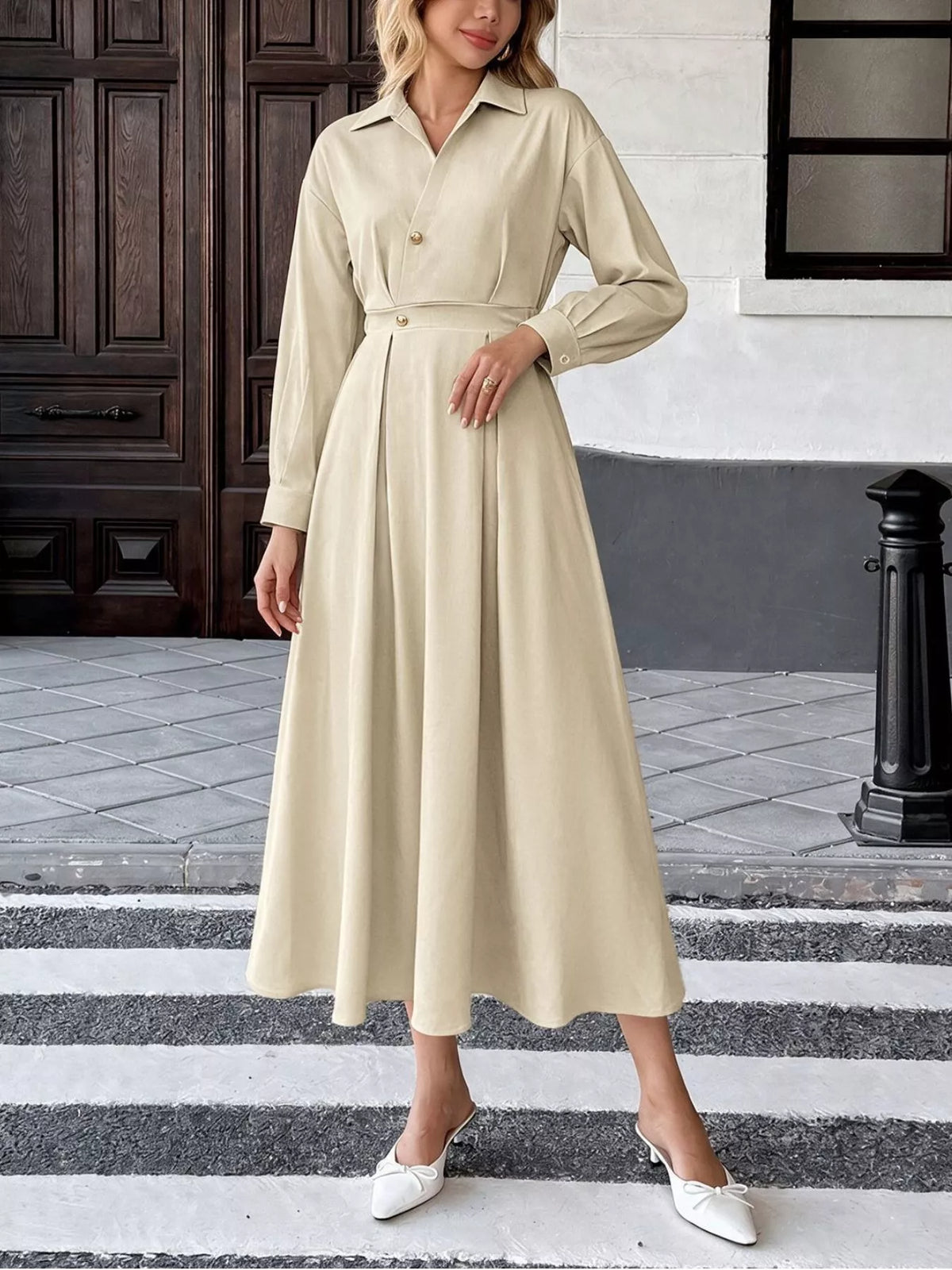 Pleated Button Detail Long Sleeve Shirt Dress