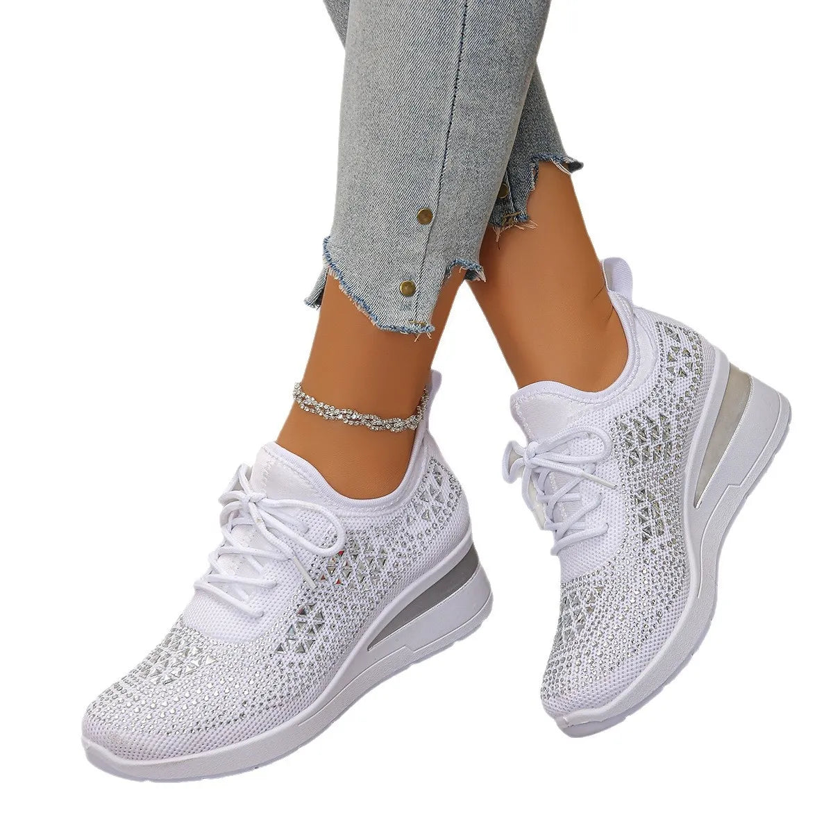 Breathable Mesh Rhinestone Wedge Athletic Sneakers - Lilixa.store