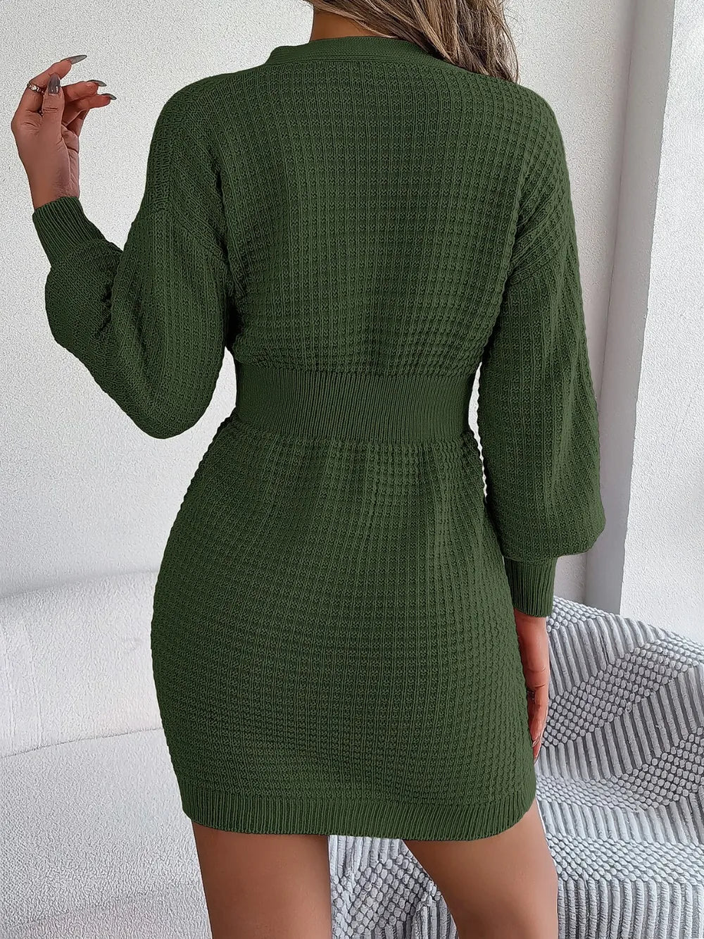 Buttoned Cable-Knit V-Neck Sweater Dress, view 12
