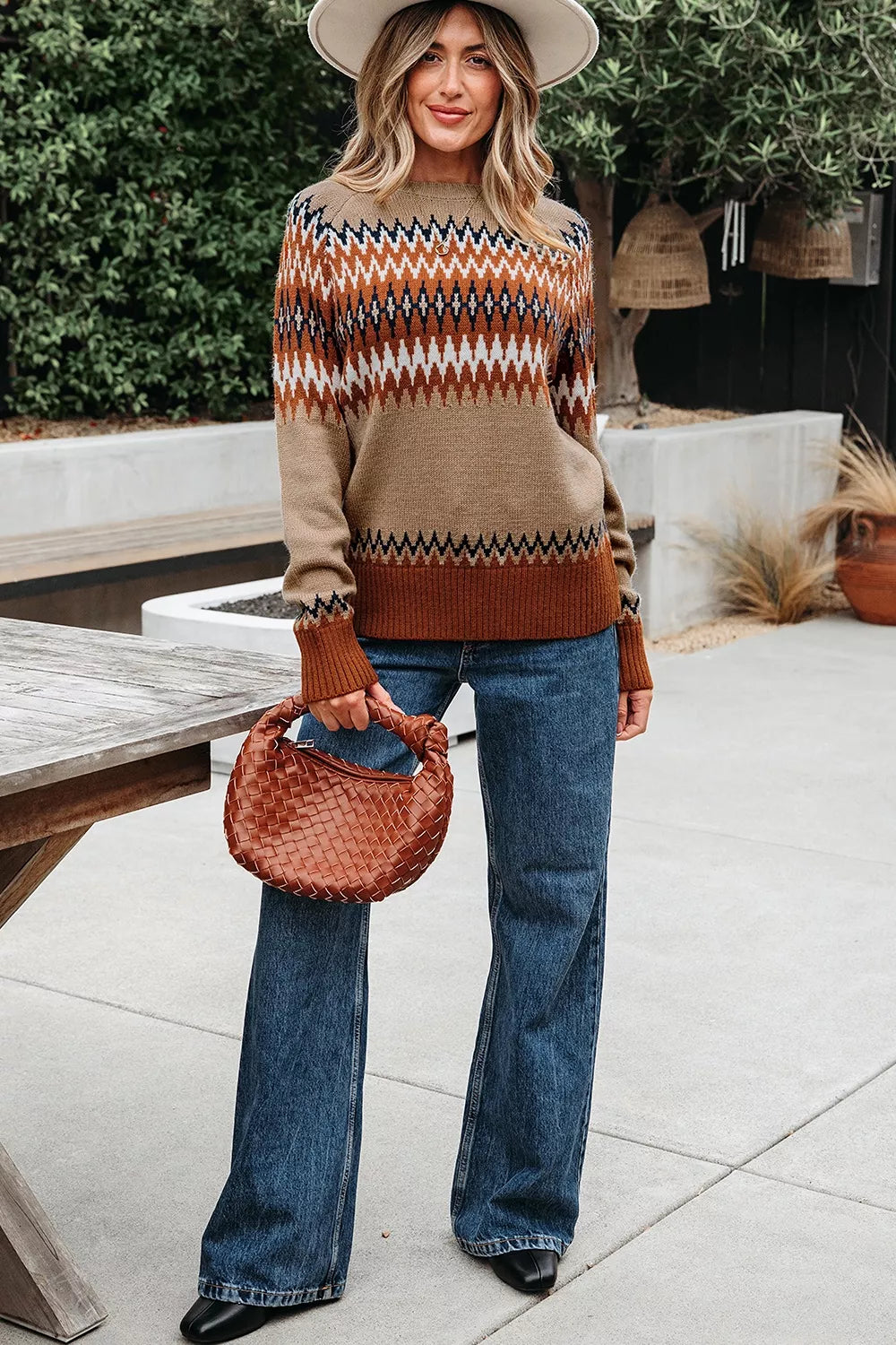 Geometric Pattern Long Sleeve Sweater - Lilixa.store
