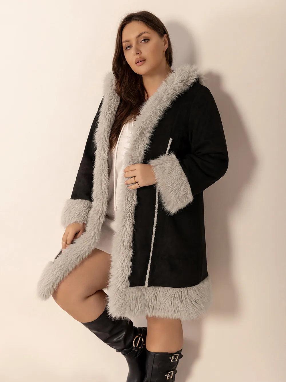 Plus Size Fuzzy Trim Open Front Long Sleeve Hooded Coat in Black, view 3