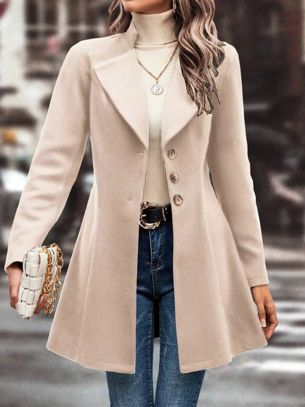 Collared Neck Long Sleeve Longline Coat in Dust Storm