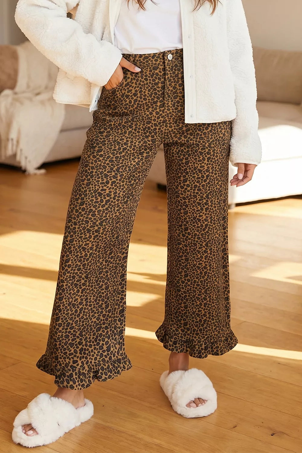 Leopard Print Ruffled Hem Shift Jeans - Lilixa.store