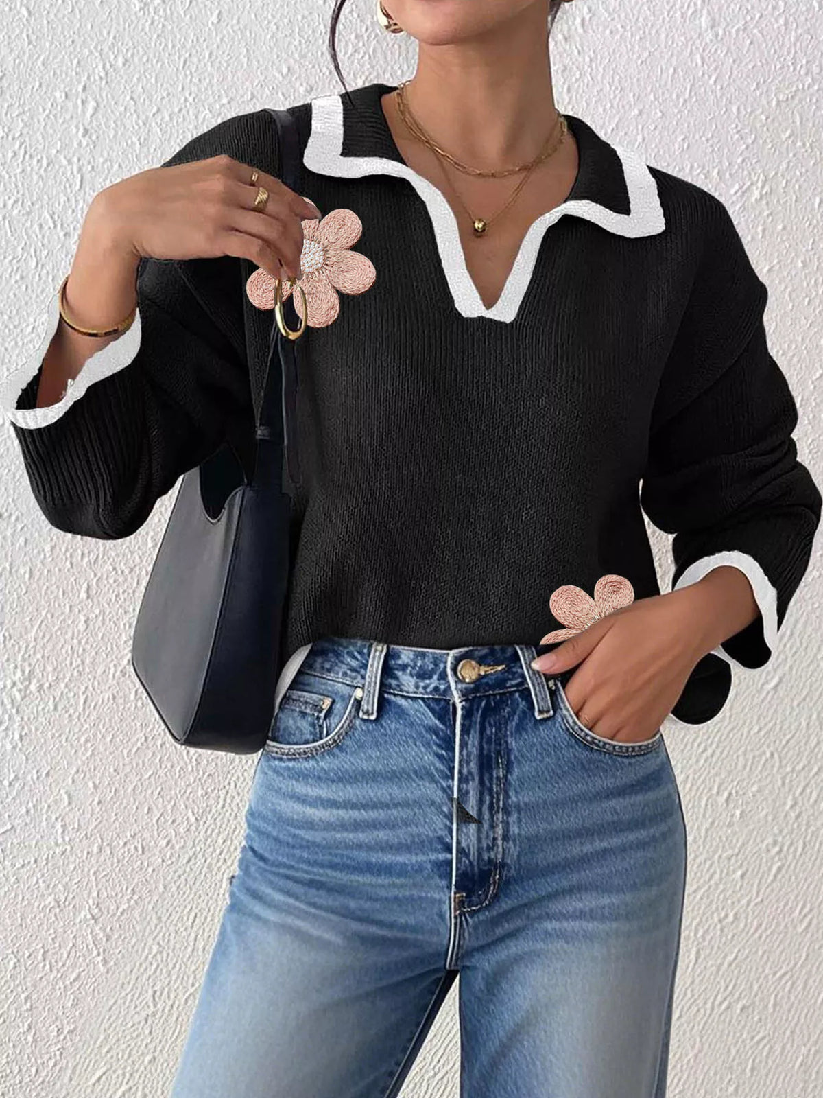 Flower Contrast Trim Dropped Shoulder Sweater - Lilixa.store