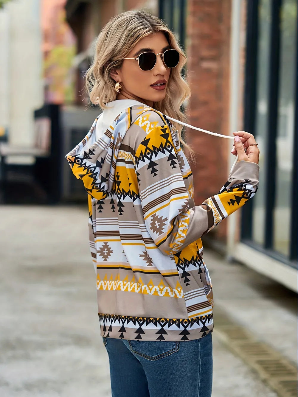 Geometric Zip Up Long Sleeve Hooded Jacket, view 14