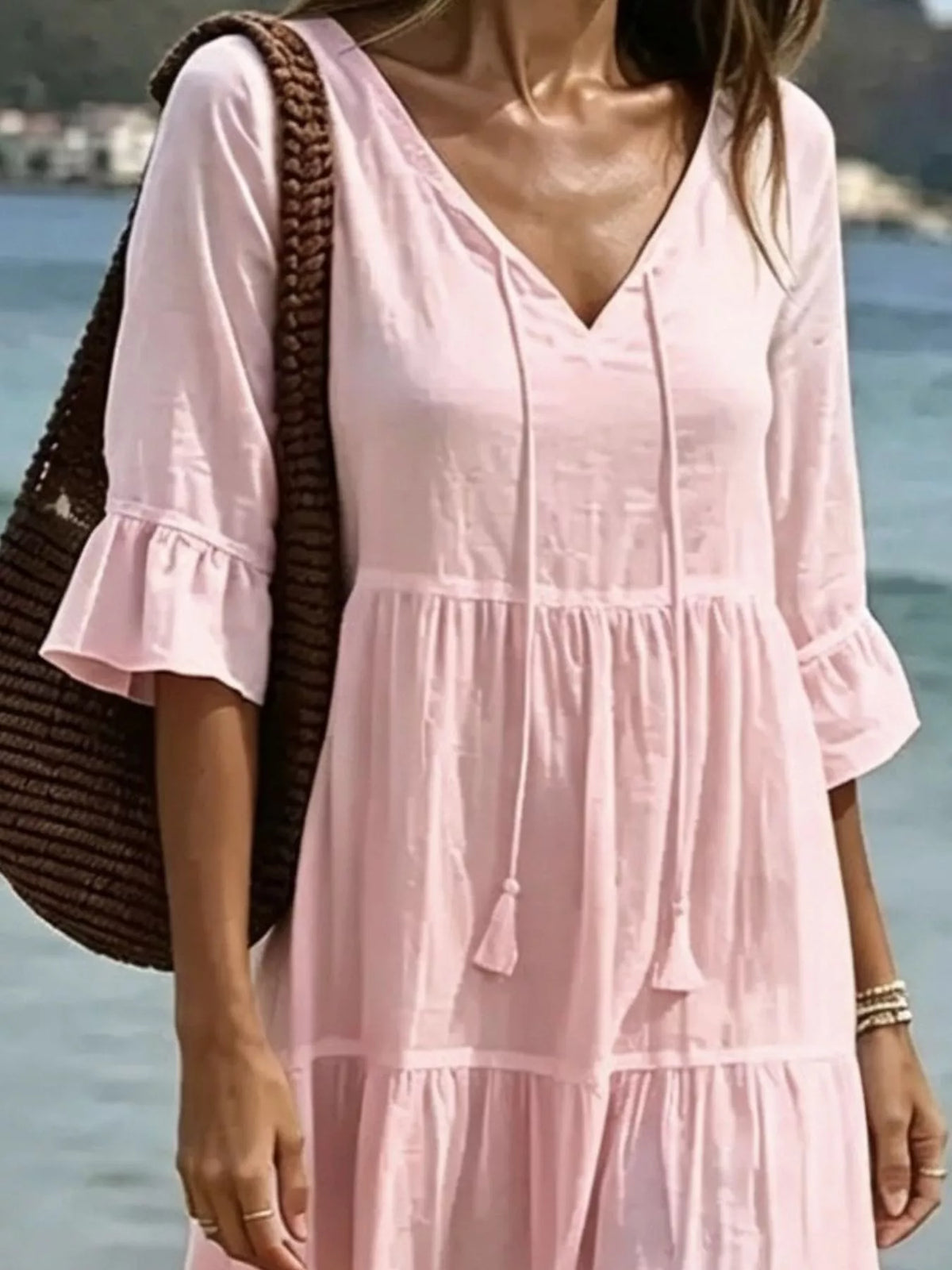 Full Size Tiered Tie Neck Flounce Sleeve Dress Plus Size - Lilixa.store