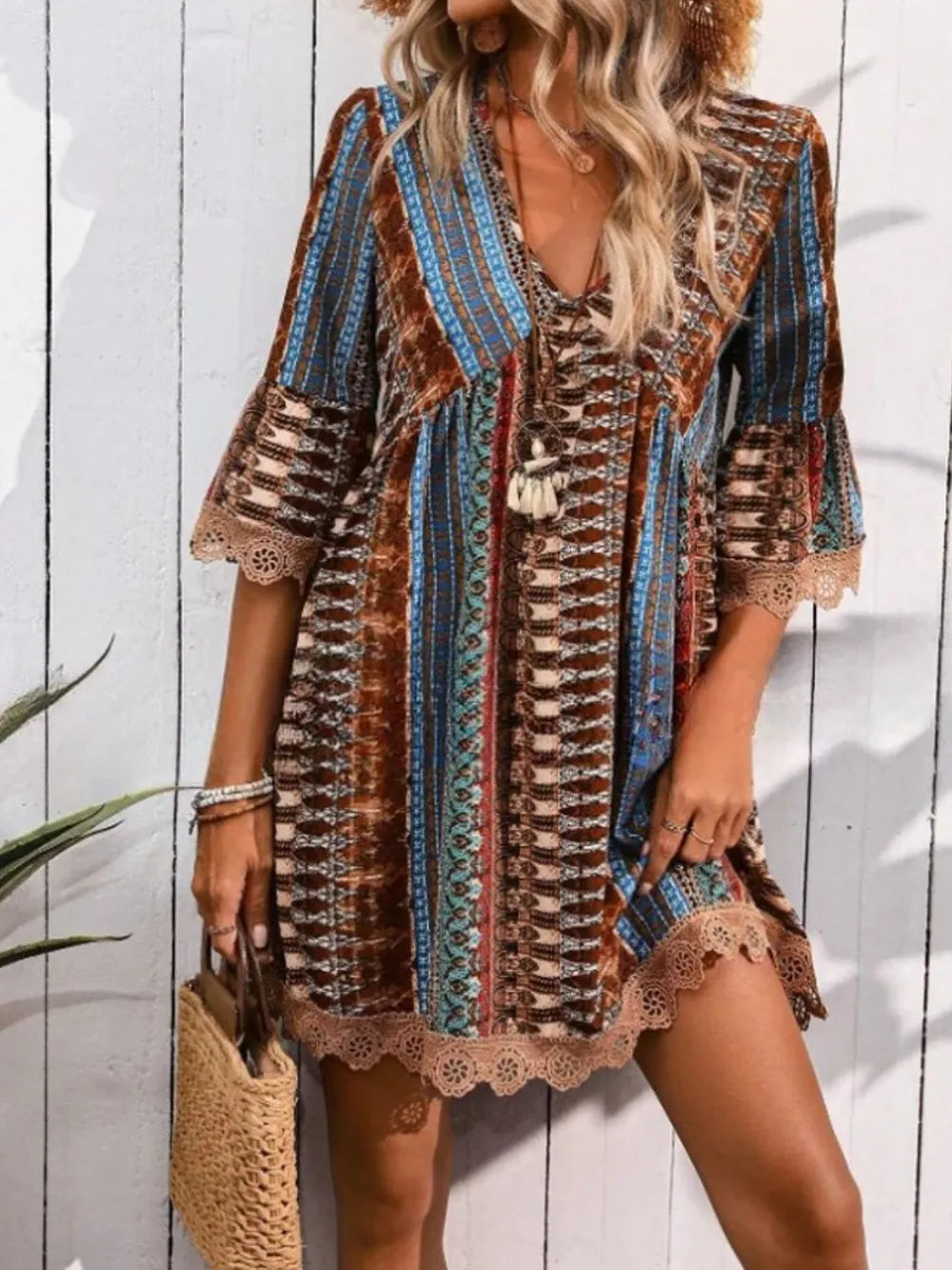 Lace Trim Printed V-Neck 3/4 Sleeve Dress - Lilixa.store