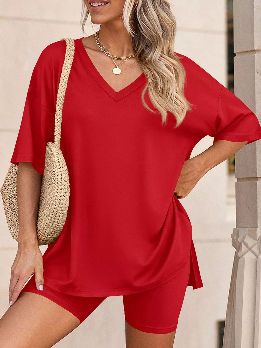Full Size Casual Loose V-Neck T-Shirt & Shorts Set Plus Size - Lilixa.store