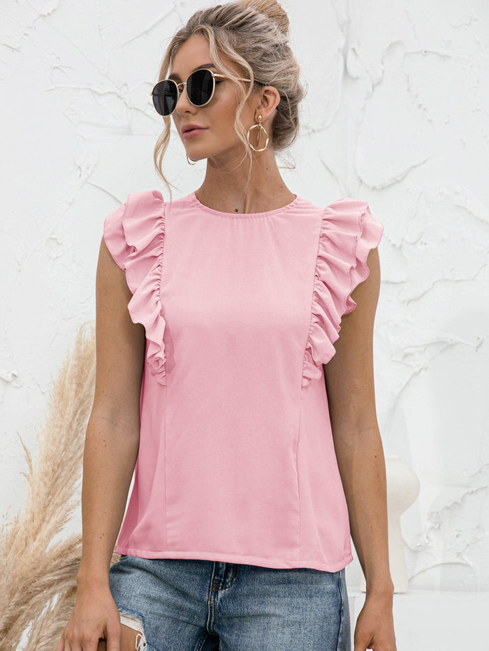 Round Neck Tied Open Back Flutter Sleeve Top in Blush Pink