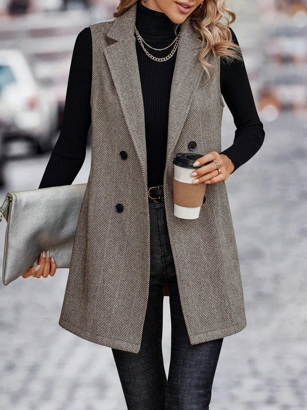 Buttoned Collared Neck Longline Vest Coat, view 6