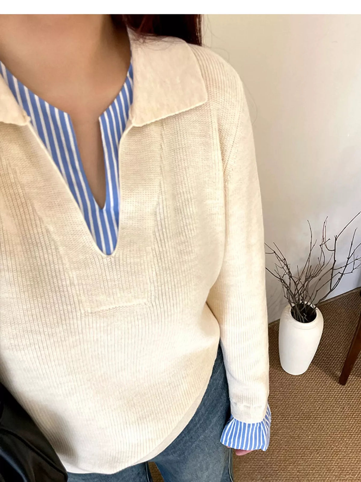 Plus Size Layered Look Striped Long Sleeve Sweater, view 5