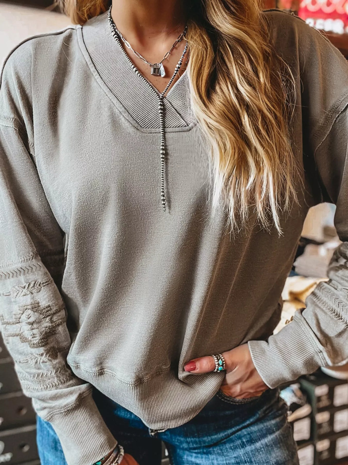 Aztec Embroidered Western V Neck Sweatshirt - Lilixa.store