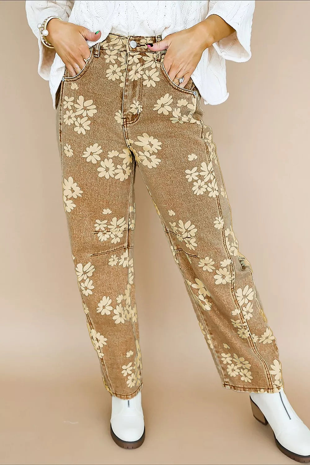 Floral Print Metal Button Pleated Straight Leg Jeans - Lilixa.store