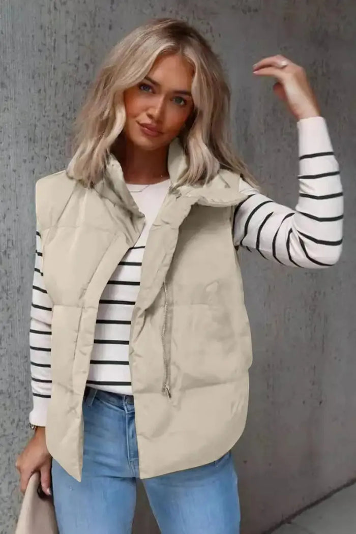 Zip Up Vest Coat with Pockets in Beige