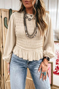 Smocked Balloon Sleeve Peplum Blouse - Lilixa.store