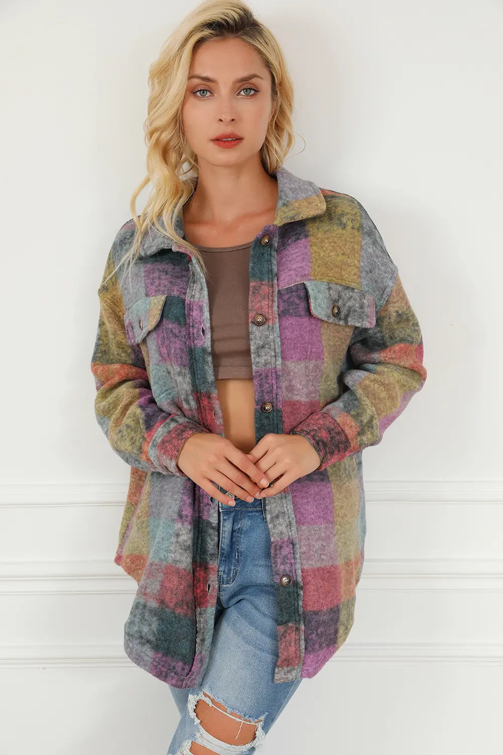 Plaid Collared Neck Button Front Jacket in Multicolor, view 3
