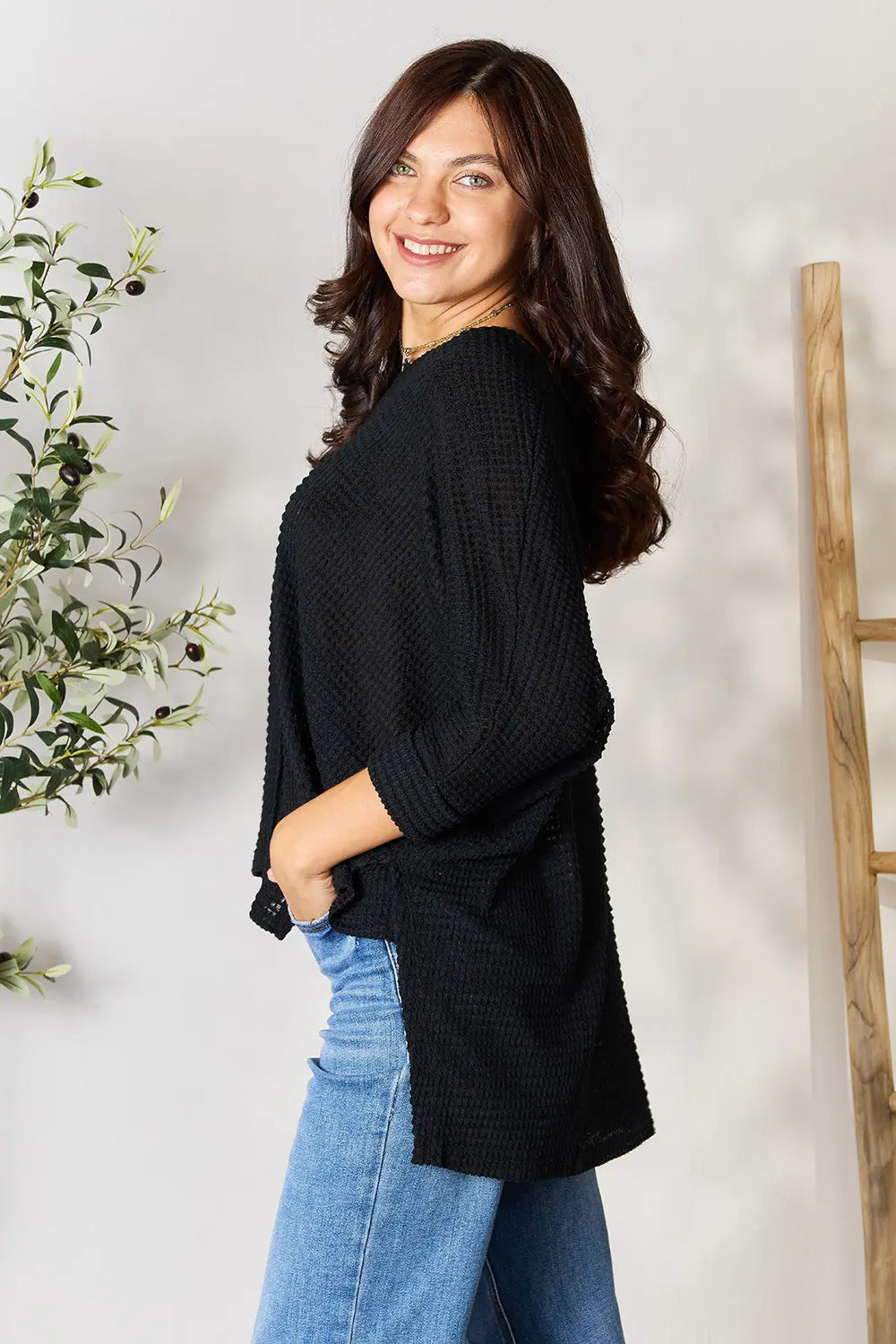 Zenana Full Size Round Neck High-Low Slit Knit Top - Lilixa.store