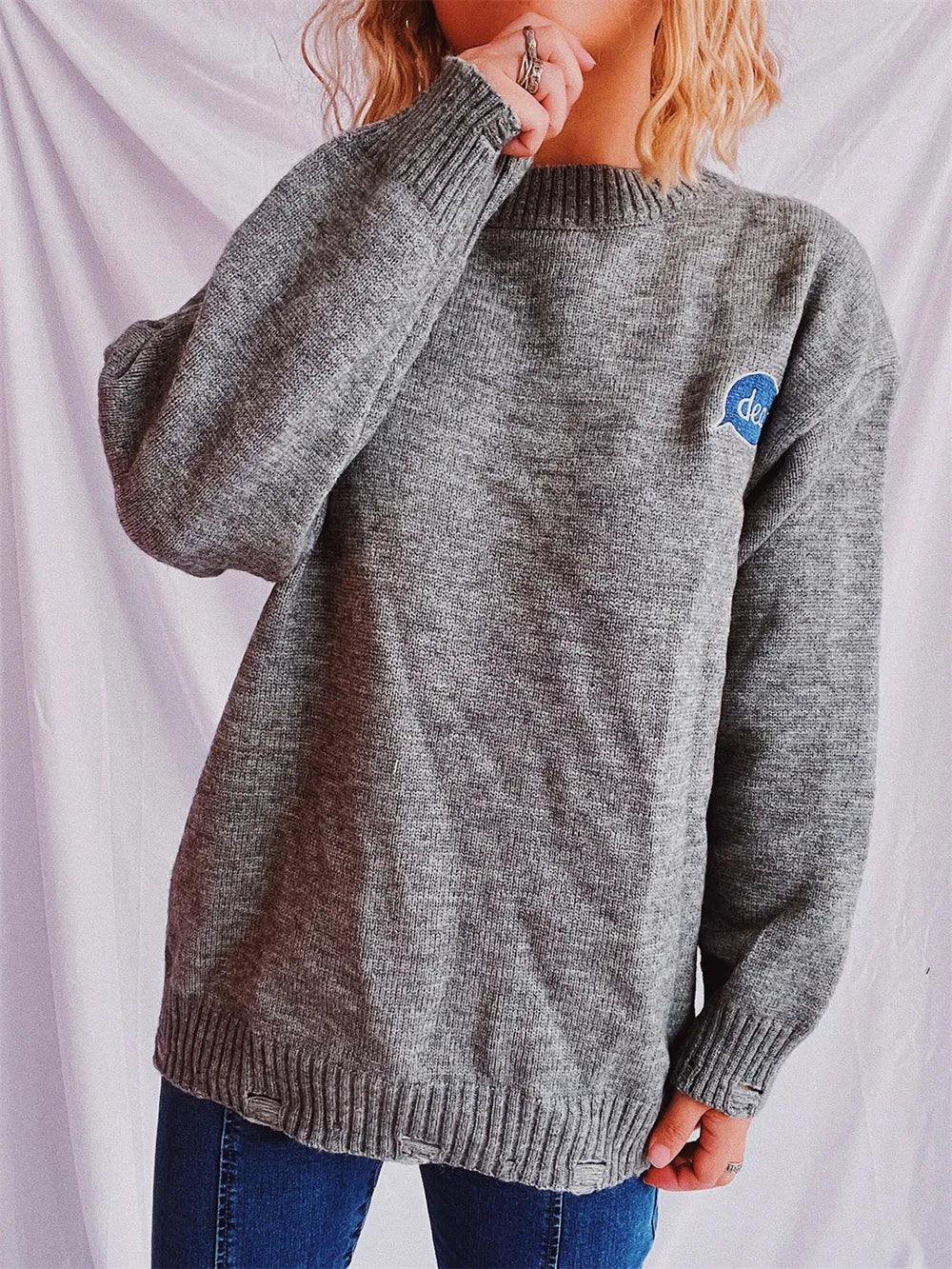 Embroidered Round Neck Dropped Shoulder Sweater - Lilixa.store